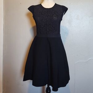 Rebecca Taylor Womens Large Black Knit Cap Sleeve Midi A Line Career Dress